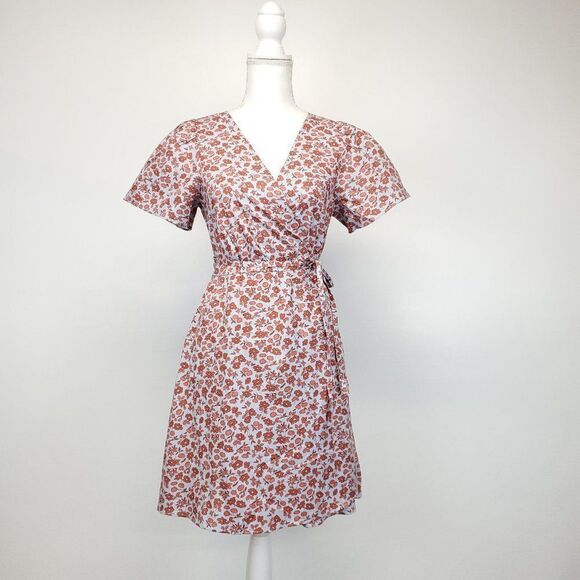 Madewell Fiore Floral Short Sleeve Cotton Wrap Dress Fiore Print Pale Dawn NWOT - Picture 2 of 10